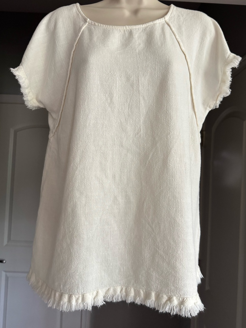 Umgee Cream Short-Sleeve Fringe Crinkle Linen Cotten Tunic Medium Boho